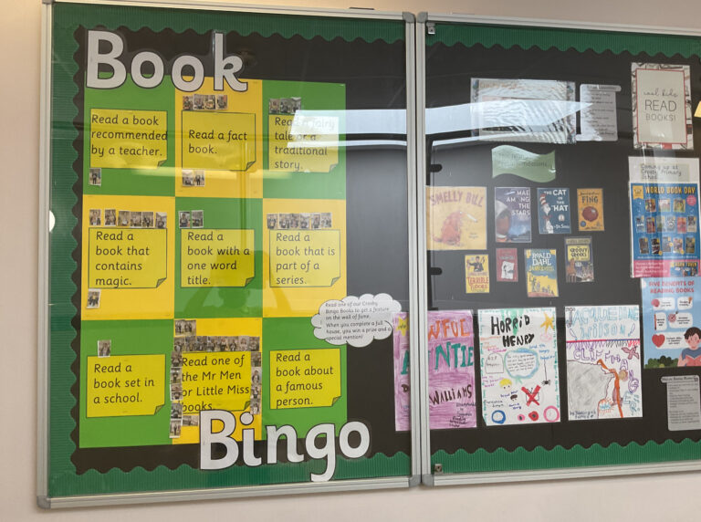 Our new reading display; pupils are challenged to complete Book Bingo!